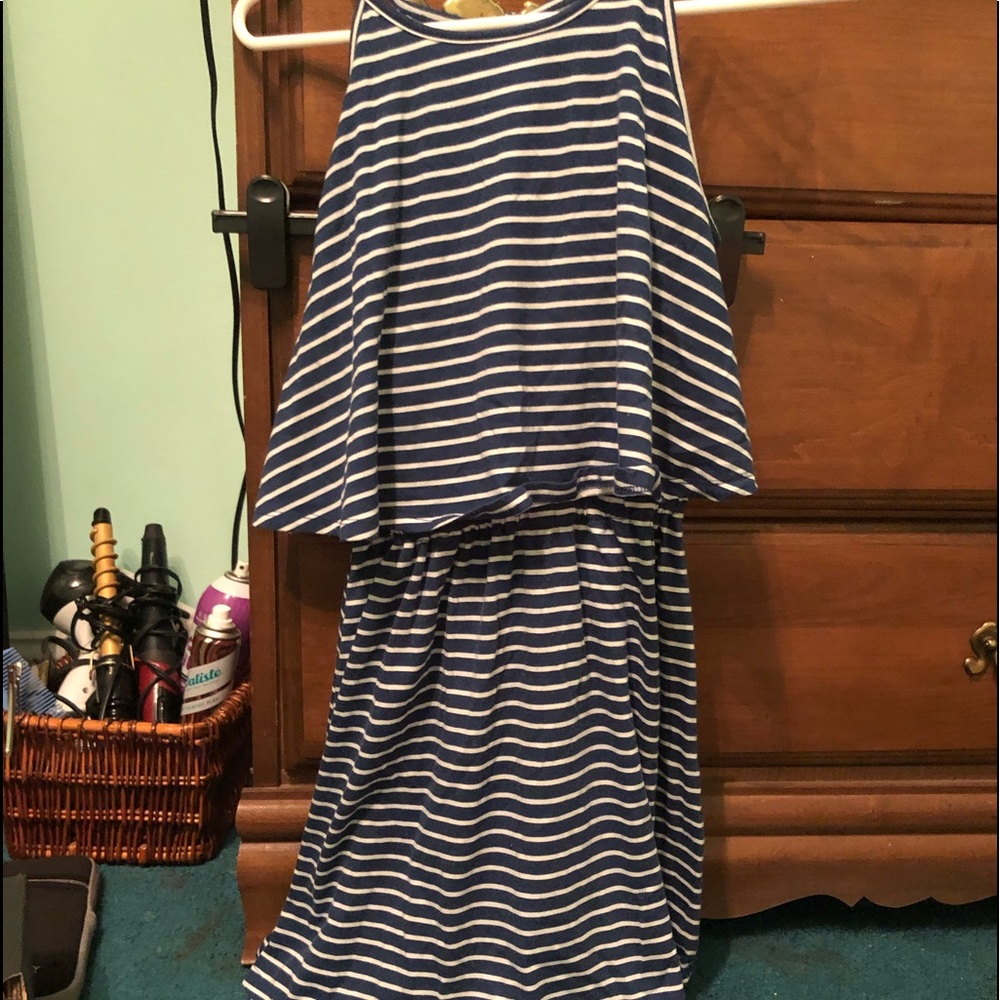 Blue and white striped skater dress.